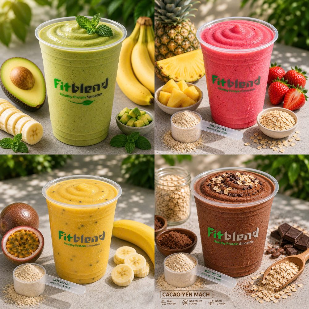 Bốn vị sinh tố FitBlend: bơ chuối, dứa dâu, chanh dây, cacao yến mạch